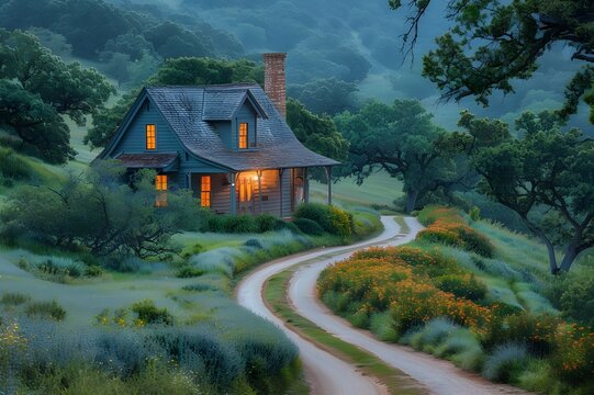 House by the Lake in the Mountain Landscape, Cottage Nestled in Nature's Summer Haven, Old House Amidst Mountains, Lake, and Forest, Home in the Heart of Nature's Bounty, Rustic Cottage in the Green