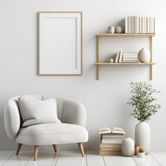 Blank vertical poster frame mockup above a beige-white wall in a reading nook with armchairs and book shelf. mockup poster in a modern apartment background. Modern Scandinavian interior - obrazy, fototapety, plakaty