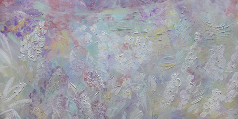 Gentle spring background. Palette knife painted wallpaper. White flowers textured panorama wallpaper. Oil paint structure on weathered canvas surface.