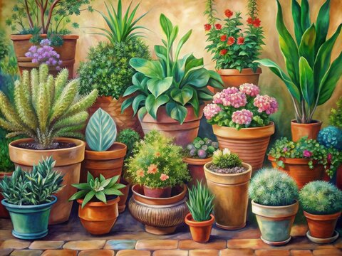 A vibrant painting of a diverse array of potted plants and flowers. Lush Indoor Garden