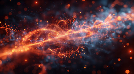 Fototapeta na wymiar Dynamic digital illustration of fiery orange and red energy particles swirling in space