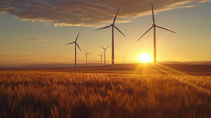 Wind turbines in the sunset landscape. - obrazy, fototapety, plakaty