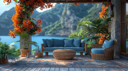 Interior decoration Cozy, stylish terrace luxury villa patio furniture. Stylish terrace blue furniture, sofa, coffee table, flower, mock-up poster, carpet, pillows, plaid, modern home decor. Template