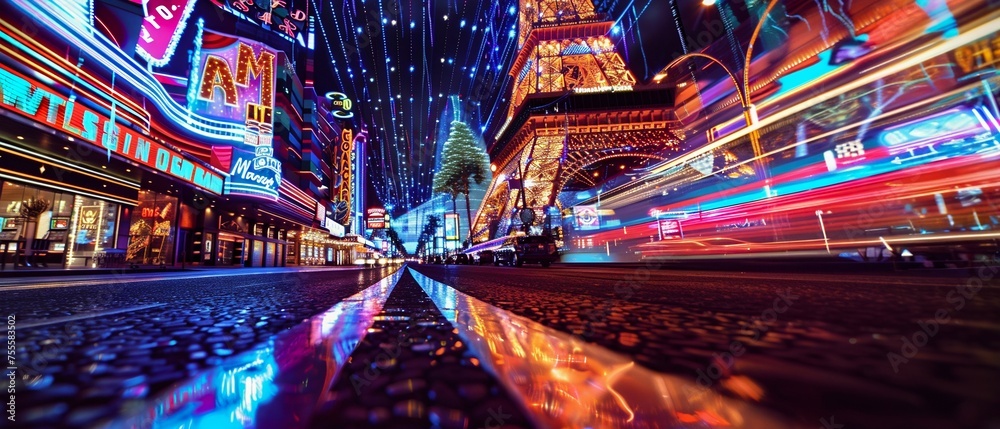 Wall mural vibrant nightlife and light trails on the las vegas strip. generative ai