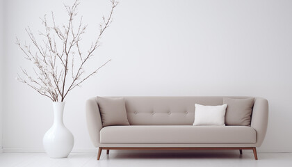 modern interior in Scandinavian style with a sofa and a fashionable vase on a white background. 