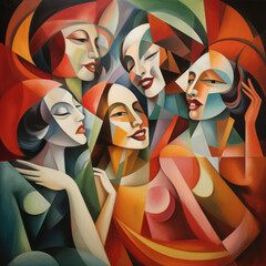 Interlocking faces in a cubist swirl of colors and emotions