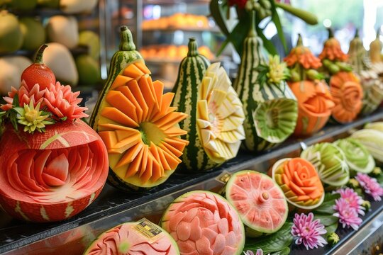 A fruit carving display with intricate designs on watermelons and melons