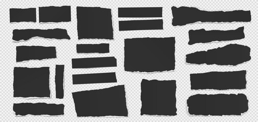 Set of torn black note paper pieces are on light squared background for text or ad.