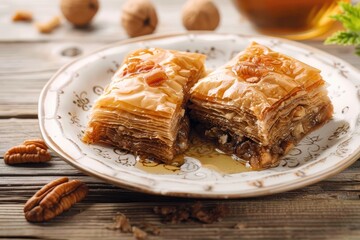A traditional baklava with layers of phyllo pastry nuts