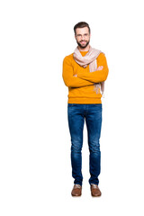 Full size fullbody portrait of joyful cheerful stylist in sweater, jeans having scarf around neck...