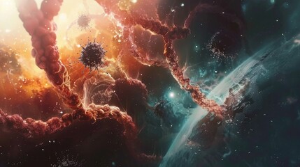 Epic space opera scene, heroes of genetic engineering confronting the mysteries of dark matter - obrazy, fototapety, plakaty