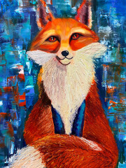 The painting was created with oil paints on canvas. An orange fox. Texture painting. Wall art 