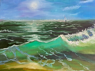 The painting was created with oil paints on canvas. Seascape. Wall art. Painting in the interior. Wall decor