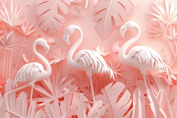 a group of white flamingos and pink leaves