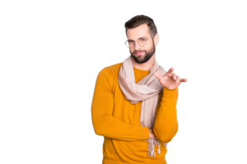 Portrait of trendy stylish stylist in glasses, holding hand like gay looking at camera isolated on grey background, having scarf around neck
