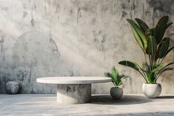 a round white table and two potted plants