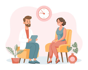 Psychotherapy online, a woman talking to a psychologist on the screen. Mental health banner or landing page template. Illustration, vector