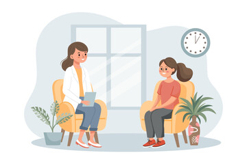 Psychotherapy online, girl talking to a psychologist on the screen. Mental health banner or landing page template. Illustration, vector