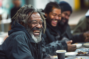 Joyful black homeless man laughs with friends group at dinner in soup house. African American senior tramp eats tasty free food visiting shelter - obrazy, fototapety, plakaty
