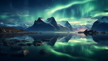Poster northern lights at night in the mountains © Juli Puli