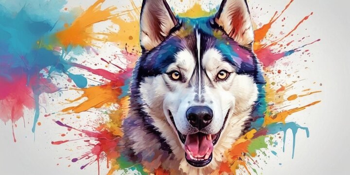 Portrait of a beautiful husky dog with colorful paint splashes.