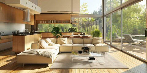 A large living room with a white couch, a coffee table, and a potted plant