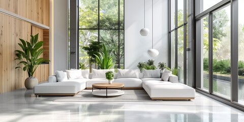 A large living room with a white couch and a coffee table