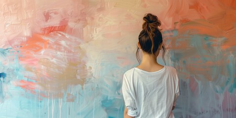 A woman with a bun is painting a wall with a colorful background