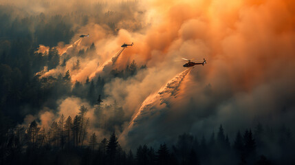 From above, helicopters unleash cascades of water, battling the relentless spread of forest fire