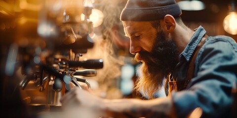 A man with a beard is working on a coffee machine - Powered by Adobe