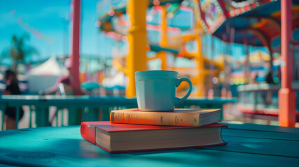 Aesthetic wide angle photograph of a pile of books and a coffee mug at a colorful amusement park. Product photography. Advertising. World book day.