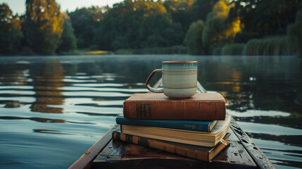 Aesthetic wide angle photograph of a pile of books and a coffee mug on a rowing boat in a lake. Product photography. Advertising. World book day.