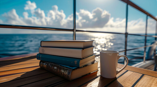 Aesthetic wide angle photograph of a pile of books and a coffee mug on a yacht deck at sea. Sunshine. Product photography. Advertising. World book day.