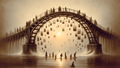 an evocative digital painting of a bridge that gracefully arches over a river symbolizing time. People are crossing this bridge, stepping back into their memories, depicted as sepia-toned vignettes