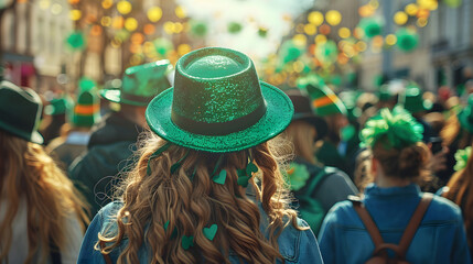 People in green hats celebrating in vibrant St Patricks Day parade. Concept St, Patrick's Day Parade, Celebrating with Green Hats, Vibrant Festivities, Joyful Gatherings, Community Celebration - obrazy, fototapety, plakaty