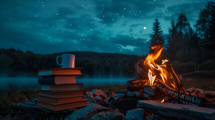 Aesthetic wide angle photograph of a pile of books and a coffee mug by a firepit in a camp site. Moonlight. Stars. Product photography. Advertising. World book day.