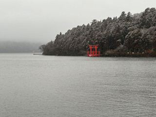 雪の降る芦ノ湖と朱色の鳥居。