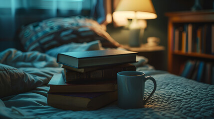 Aesthetic wide angle photograph of a pile of books and a coffee mug in a bedroom. Moonlight. Dim lights. Product photography. Advertising. World book day.