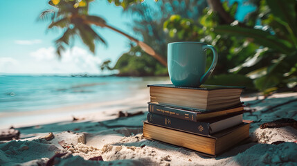 Aesthetic wide angle photograph of a pile of books and a coffee mug at a tropical beach. Sunlight. Product photography. Advertising. World book day.