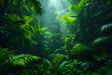 Fototapeta na wymiar The wallpaper backdrop of Lush Escape Tropical Rainforest Canopy features a majestic, verdant forest with an abundance of foliage. 