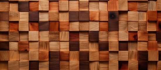 This close-up shot showcases a wooden wall constructed entirely of small square blocks. The intricate texture and patterns created by the squares are highlighted in the image.