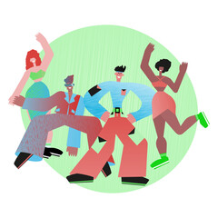 An illustration of a diverse group of friends dancing joyfully, capturing the essence of movement and the spirit of togetherness in a vibrant setting.
