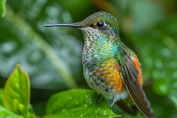 Fotobehang Kolibrie Hummingbirds perch amidst blossoming flowers in a verdant Costa Rican woodland. natural setting, lovely hummingbirds consuming nectar, vibrant backdrop fauna found in tropical environments, Hummingbir