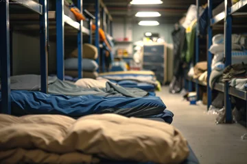Foto op Plexiglas Double decker beds for people in needs in temporary shelter. Sleeping quarters with blankets in interior of empty flophouse. Care of homeless © lenblr