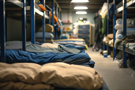 Double decker beds for people in needs in temporary shelter. Sleeping quarters with blankets in interior of empty flophouse. Care of homeless