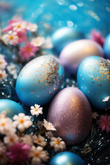 Fototapeta na wymiar Glittery Easter eggs nestled in floral decor