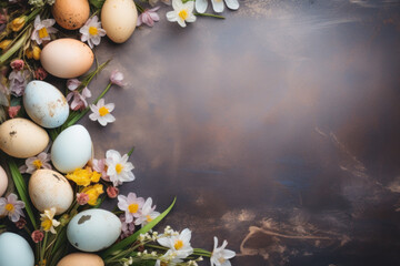 Naklejka na ściany i meble Easter egg border with spring flowers on dark background