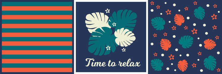 Tropical set of  monstera leaves and daisy flowers  background, poster time to relax.