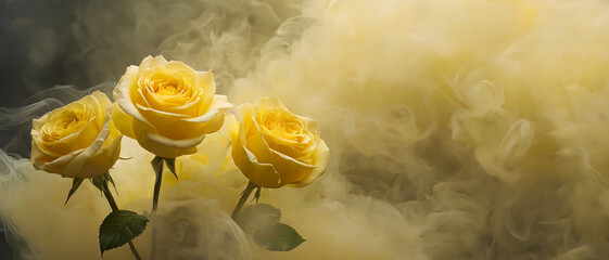 Yellow roses. Abstract flowers in smoke. Copy space