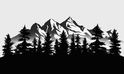 Black and white mountain range wall art, symbolic landscapes trees stencil art outdoor scenes vector illustration